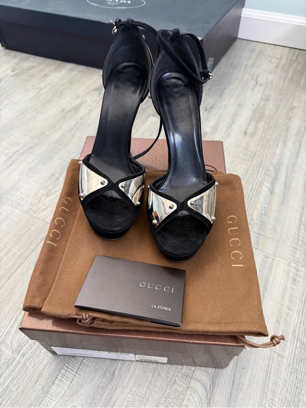 Gucci Black Suede Silver Metal Studded Heels Sandals Size 6.5B Italy w/ Box